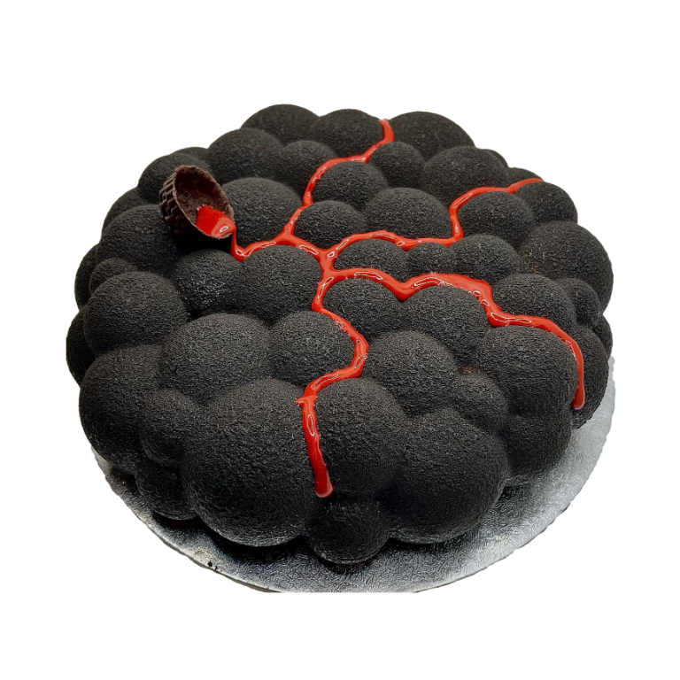 Decadent 'Bolle x Chocolate & Caramel' cake featuring a rich chocolate sponge base with a smooth layer of creamy caramel, topped with velvety chocolate mousse and a delicate red icing design, described as a journey through fine ingredients for an extraordinary taste experience.