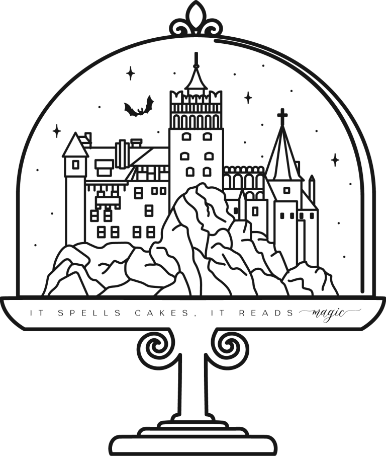 Line art illustration of Bran Castle, known as Dracula's Castle, encapsulated in a glass cloche, representing the heritage inspiration for Transylvania Cakes.